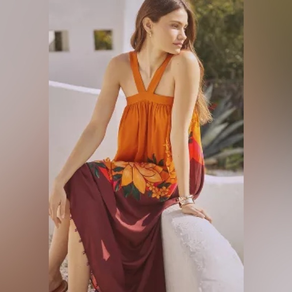 FARM RIO Orange Boho Maxi Dress Pinafore Cover Up Floral Whimsy Brown Size S NEW - Picture 3 of 15